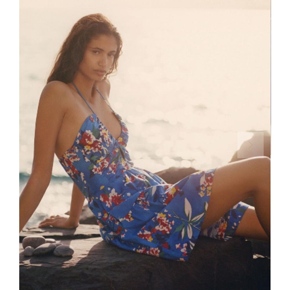 NWT Anthropologie Emily Halter Mini Dress Blue Motif Tropical Women Size Large